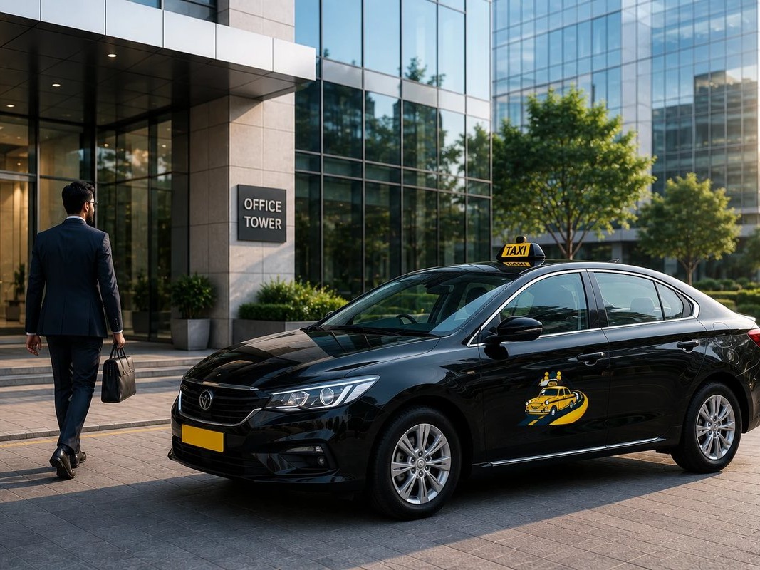 TaxiWallah car outside a corporate office tower