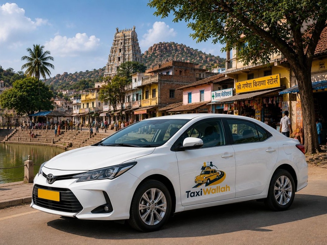 TaxiWallah car parked near a temple town on a local trip