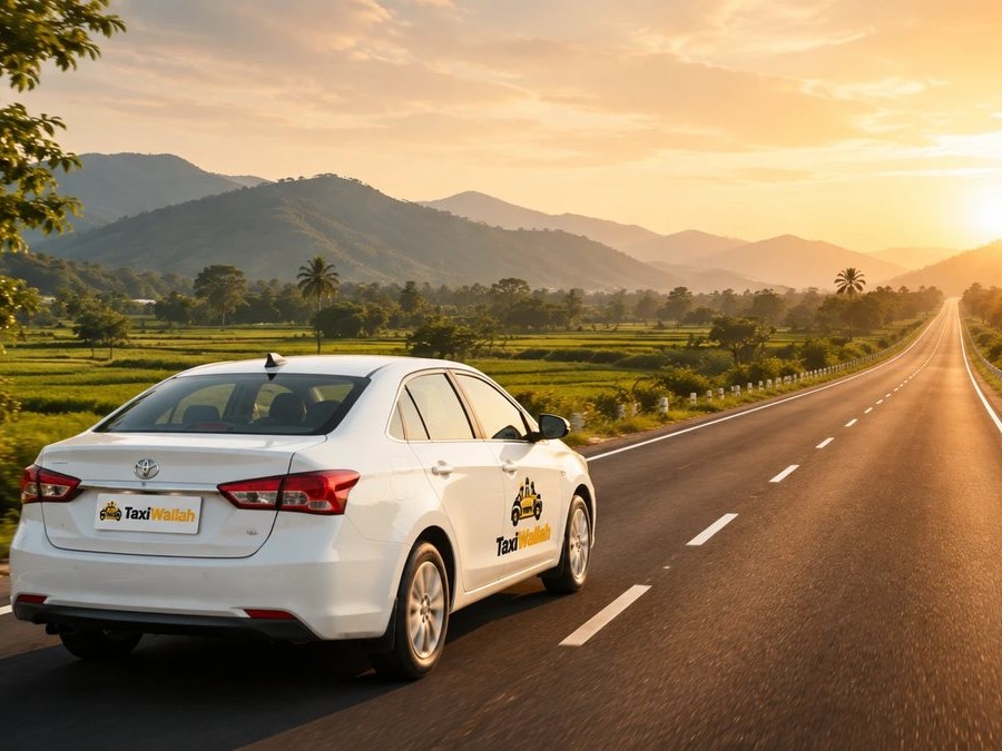 TaxiWallah car driving into the sunset on an open highway