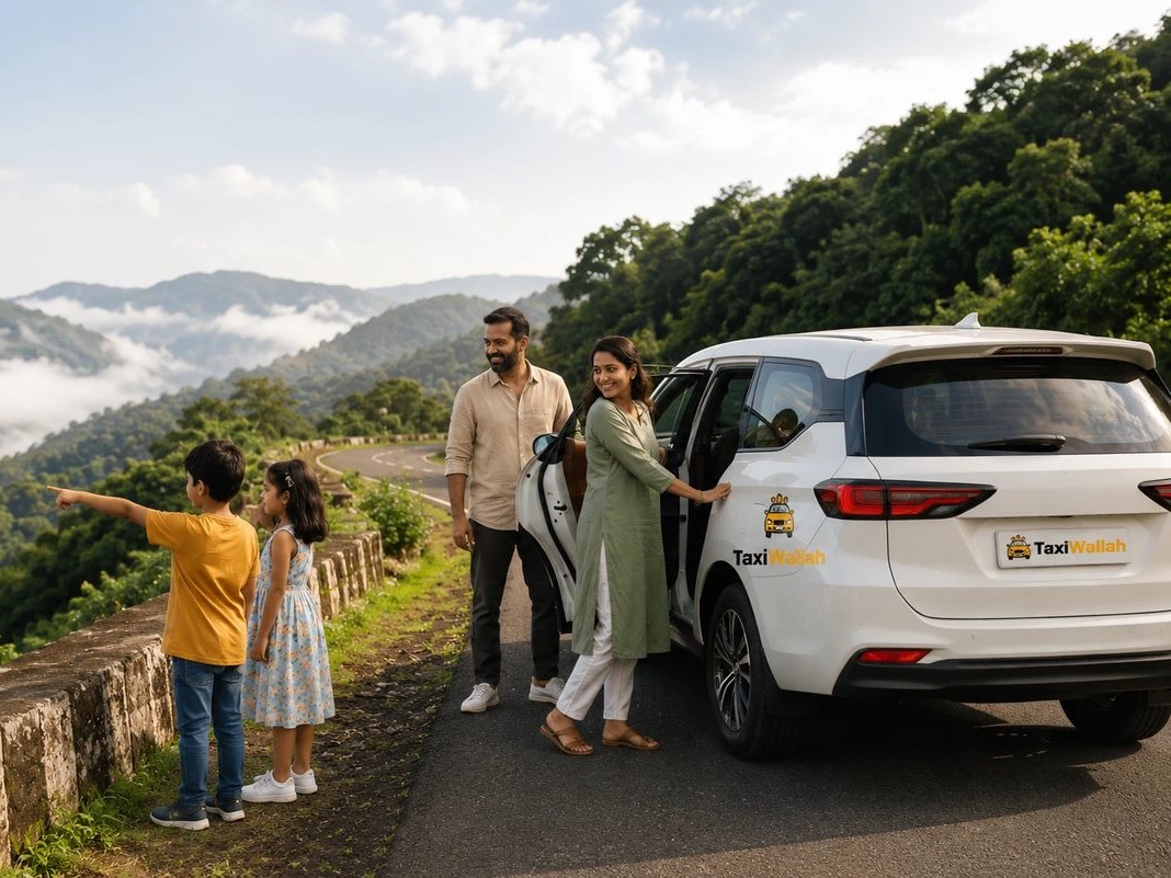 Family stopping at a scenic mountain viewpoint on an outstation TaxiWallah trip