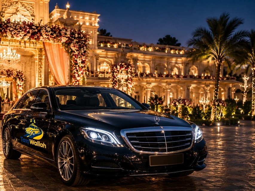 TaxiWallah wedding car at a decorated venue entrance